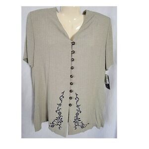Dress Savvy NY Blouse secretary 16P taupe embroidered retro neutral office NWT